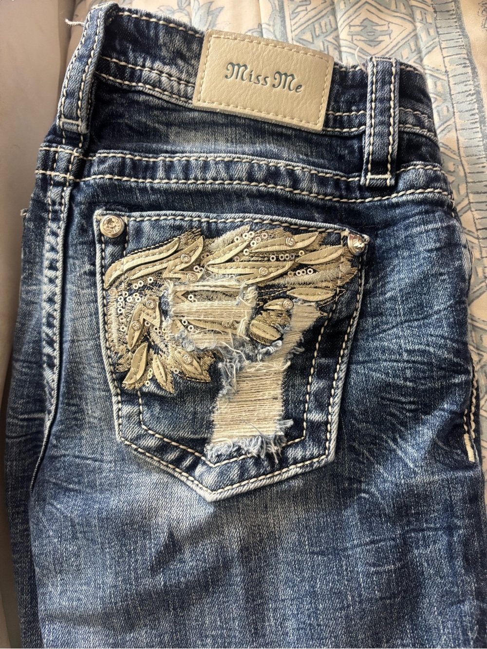 Miss Me Women’s Dark Blue Distressed Jeans with Embellished Pocket